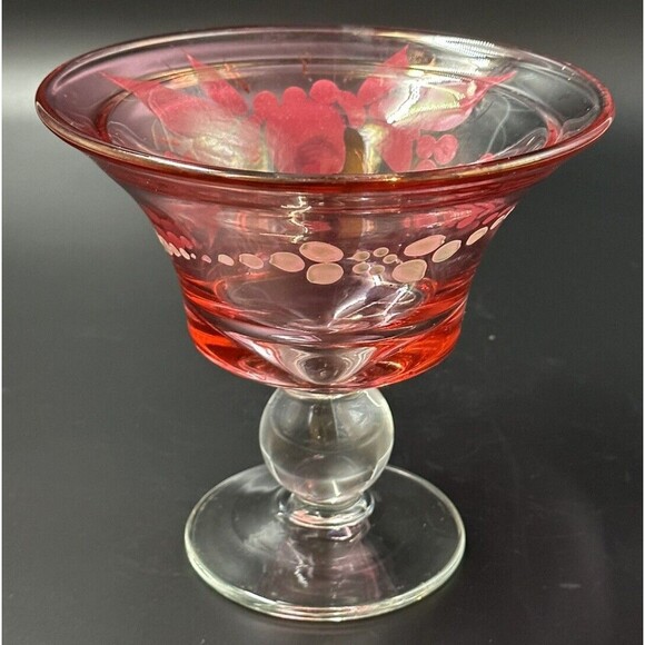 Hand Painted Design on Cranberry Glass Footed Bowl with Clear Glass Pedestal - Picture 4 of 8